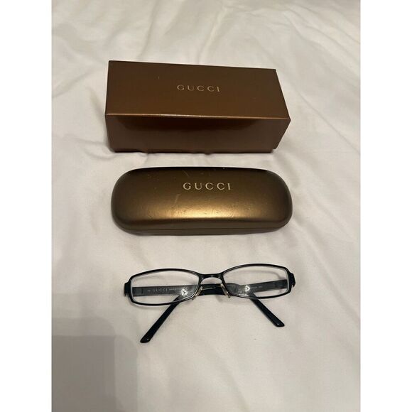 Gucci skinny rectangular black metal frame eyeglasses crystal accent - Picture 1 of 5